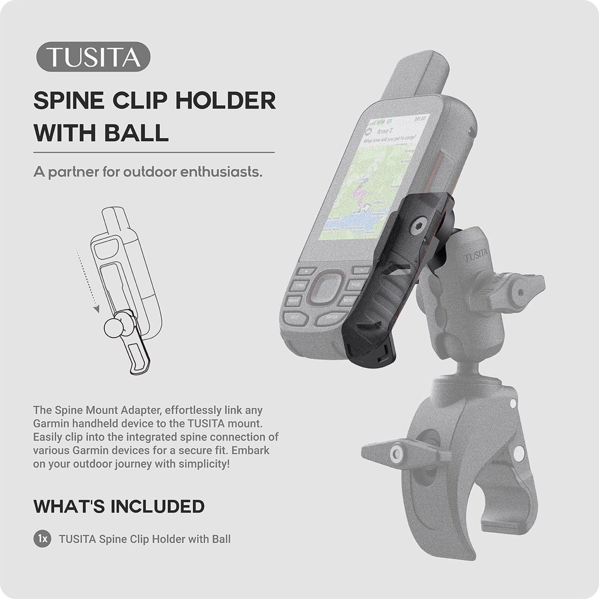Spine Clip Holder with 1″ Ball for Garmin Handhelds — view 2